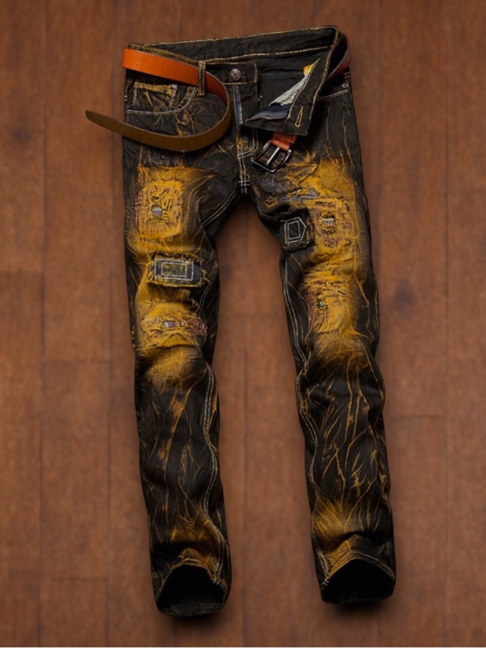 Slim Men's Black Jeans with Yellow Paint-Effect Distressing